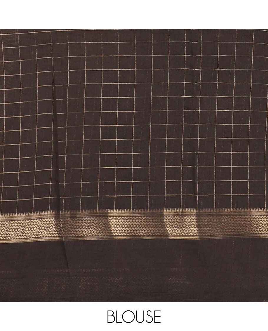 Maroon checked & floral printed chanderi cotton saree, contrast zari & block printed border of diamond, bentex, floral creeper & paisley design along with zari striped pallu