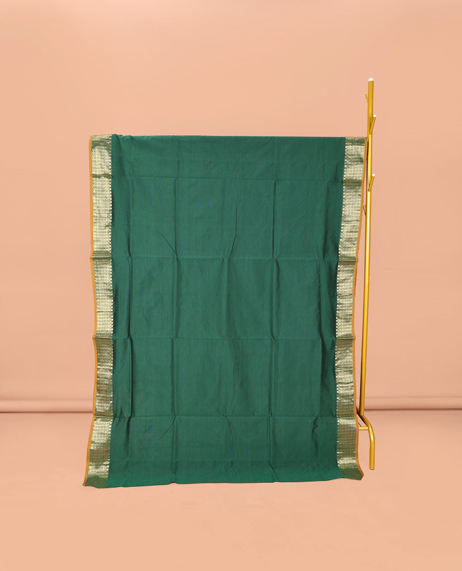 Green Plain Poly Cotton Saree, Complemented by Contrast Traditional Zari Design Border, Contrast Pallu of Stripes, and Paired with a Contrast Blouse