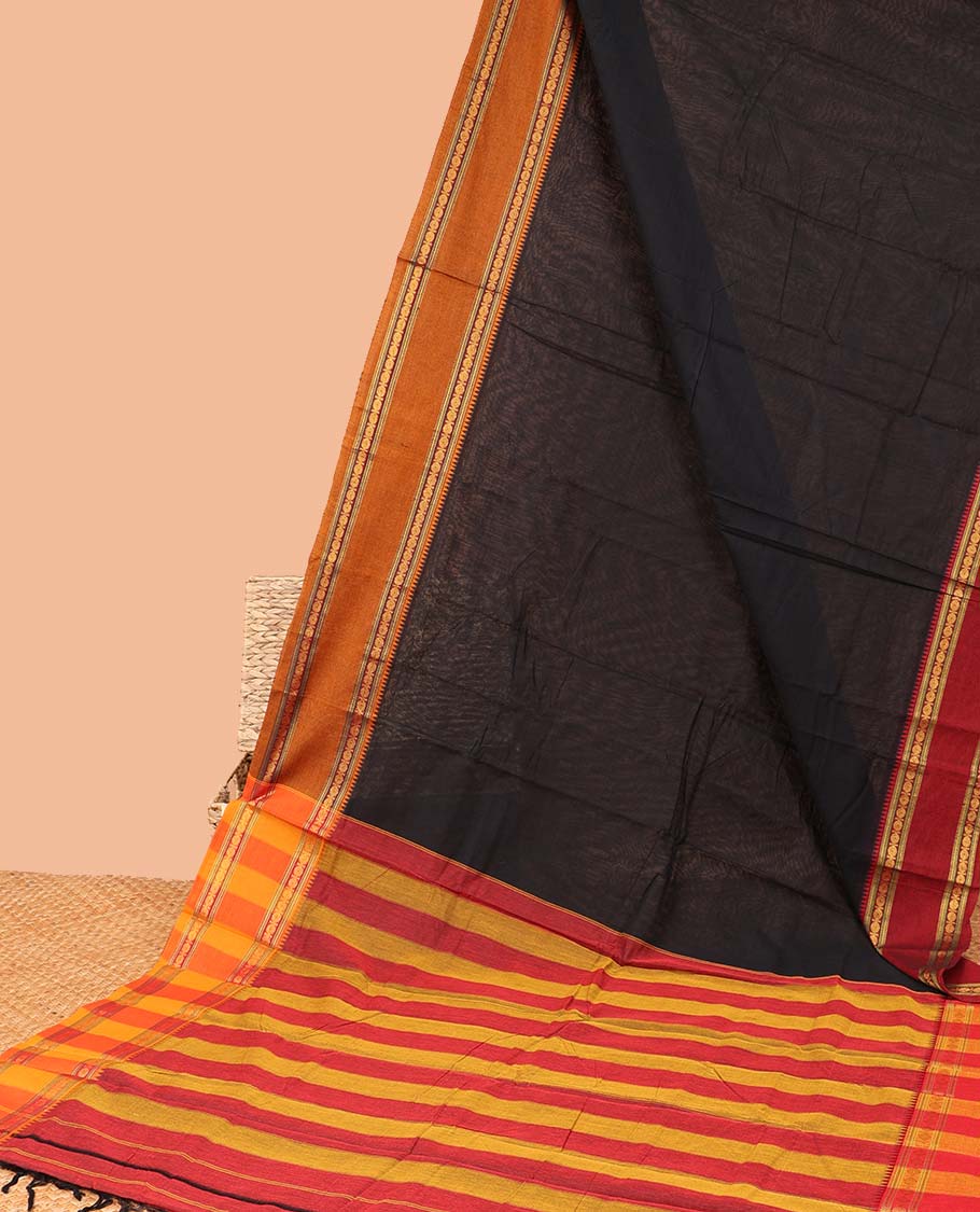 Black plain Narayanapet cotton saree, contrast ganga jamuna traditional motifs border & striped pallu