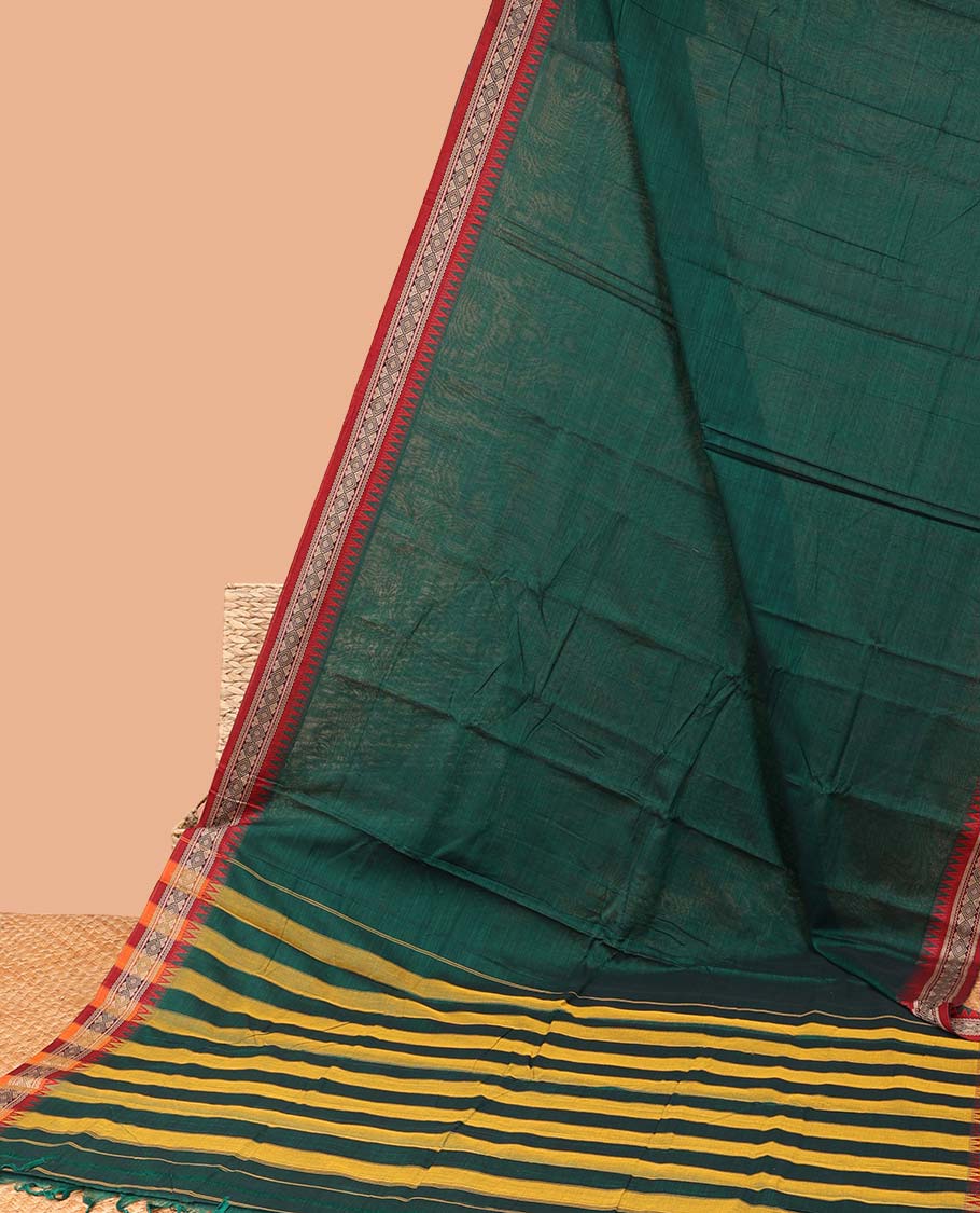 Green plain design Narayanapet cotton saree, contrast traditional design border & striped pallu