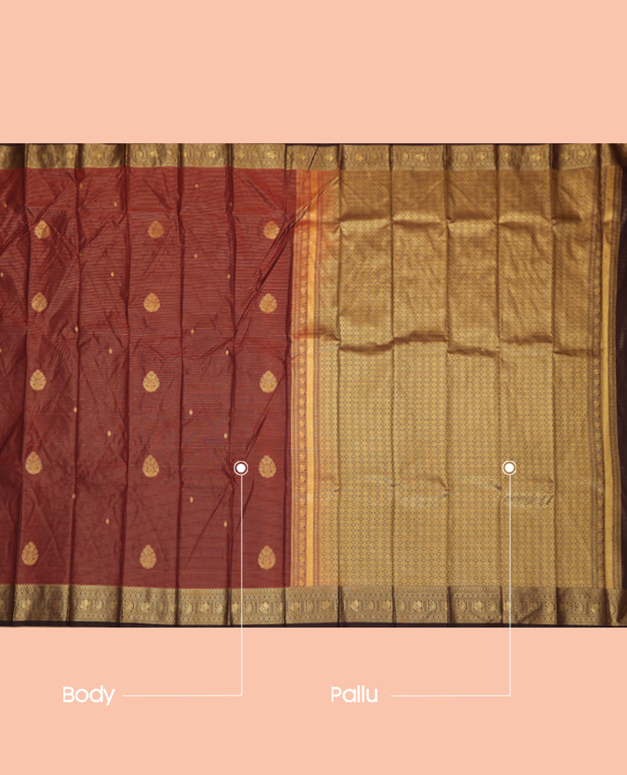 Maroon Budget Silk Saree, Graced with Zari Buttas and Stripes, Complemented by Contrast Traditional Zari Border, a Jaal Pallu and a Contrast Blouse