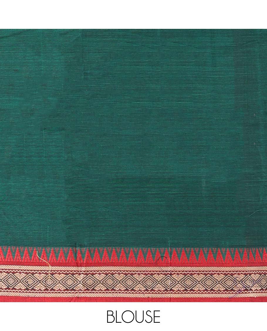 Green plain design Narayanapet cotton saree, contrast traditional design border & striped pallu