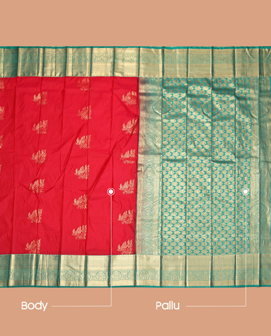 Red Budget Silk Saree, Enthralled with Zari Buttas, Contrast Traditional Zari Border, Grand Pallu, and a Contrast Blouse