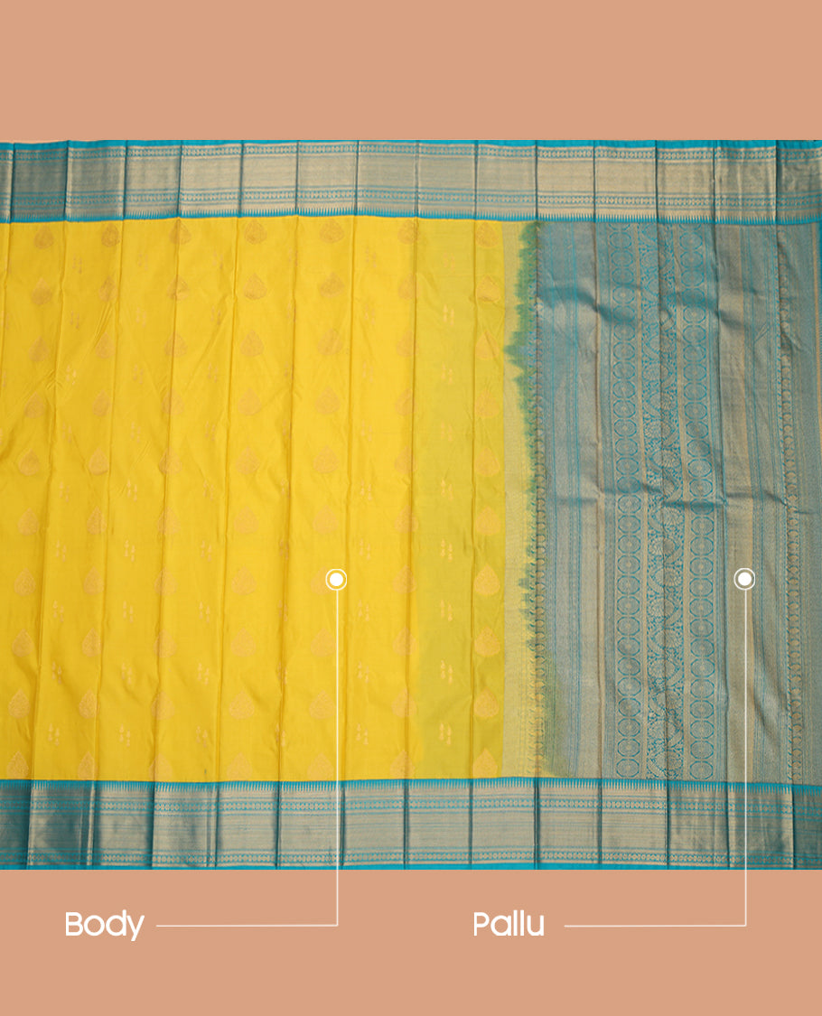 Yellow Budget Silk Saree, Sparsely Woven with Zari Buttas, a Contrast Traditional Zari Border, Intricate Pallu, and a Contrast Blouse