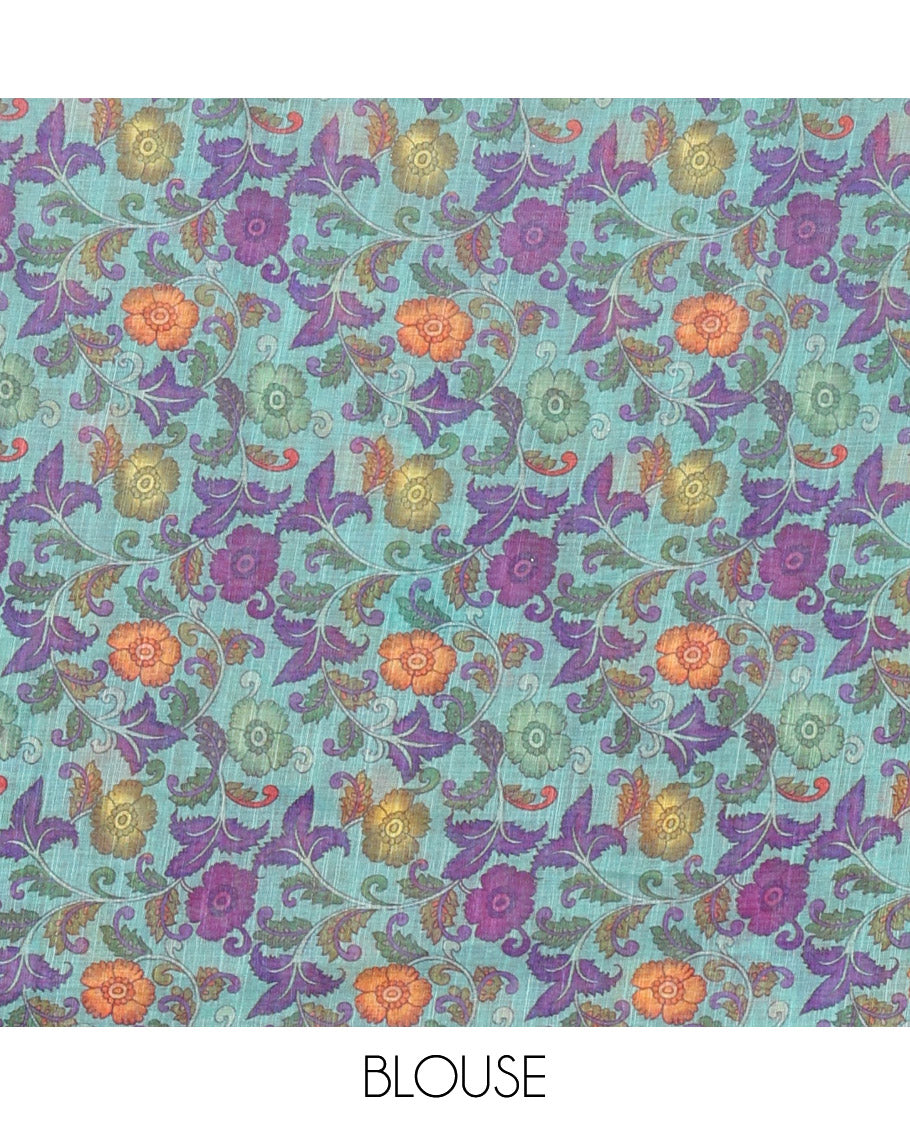 Borderless pink pichwai lotus printed linen saree, contrast kalamkari floral vine printed pallu & contrast kalamkari floral vine printed blouse