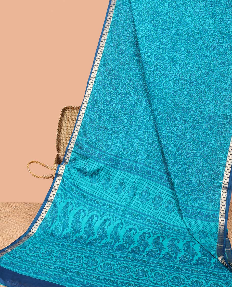 Blue floral printed semi-banaras printed saree, contrast paisley border & pallu of intricate print