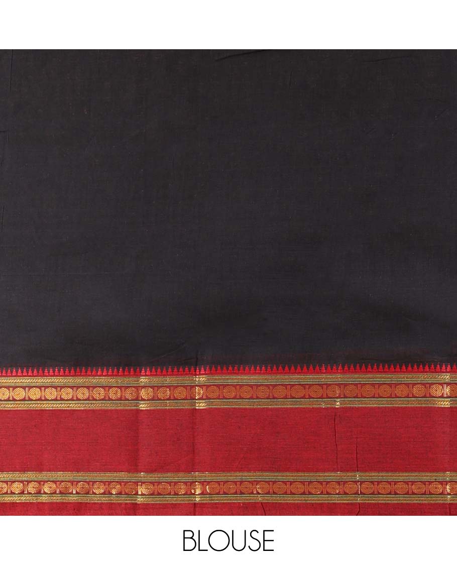 Black plain Narayanapet cotton saree, contrast ganga jamuna traditional motifs border & striped pallu