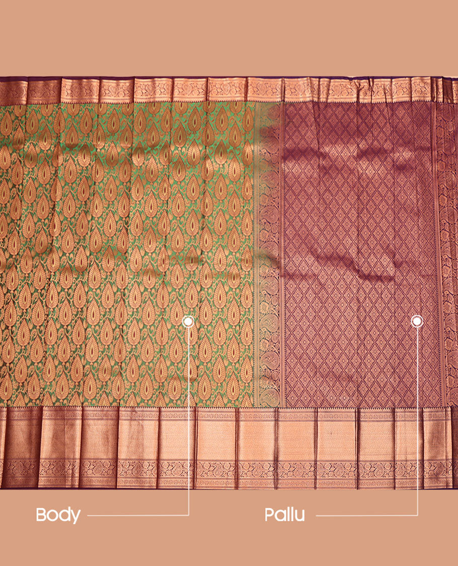 Green Budget Silk Saree, Highlighted with Jacquard Design, Complemented by a Contrast Traditional Zari Border, Grand Jaal Pallu, and a Contrast Blouse