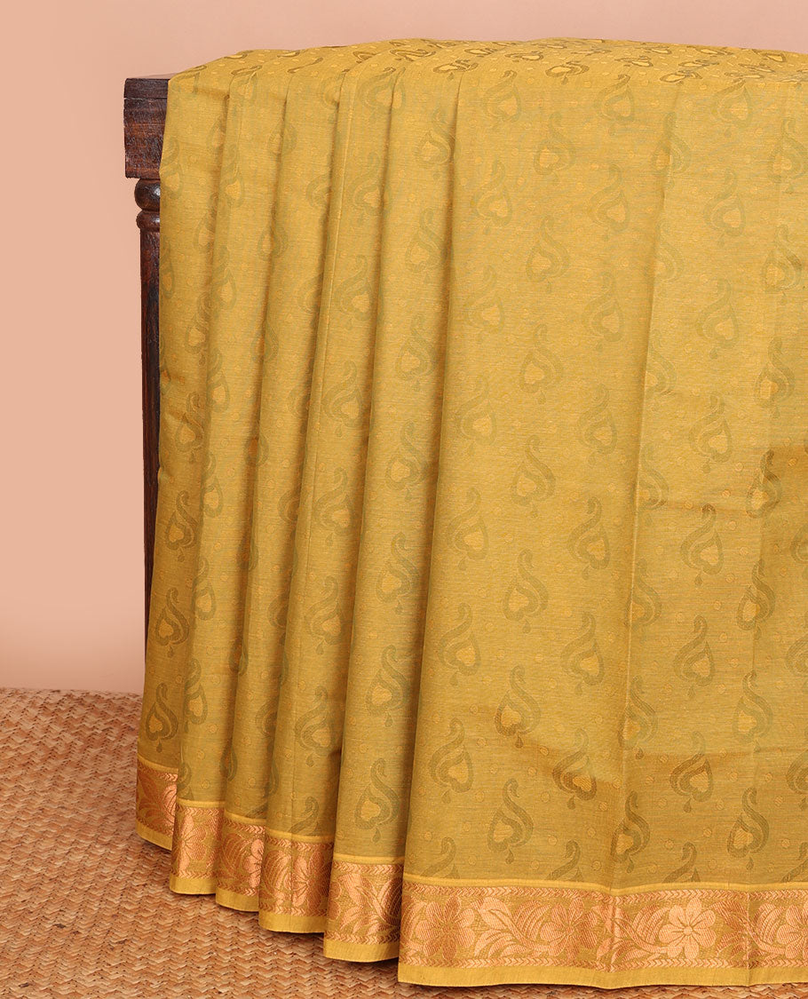 Green unique design Combatiore cotton saree, traditional zari design border & pallu steeped with paisleys