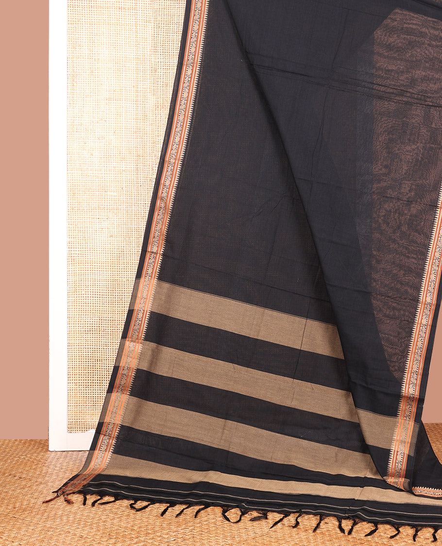 Black Plain Narayanpet Cotton Saree, Complemented by a Temple Thread Woven Border of Elephant and Peacock Designs, Subtly Striped Pallu, and Paired with a Matching Blouse