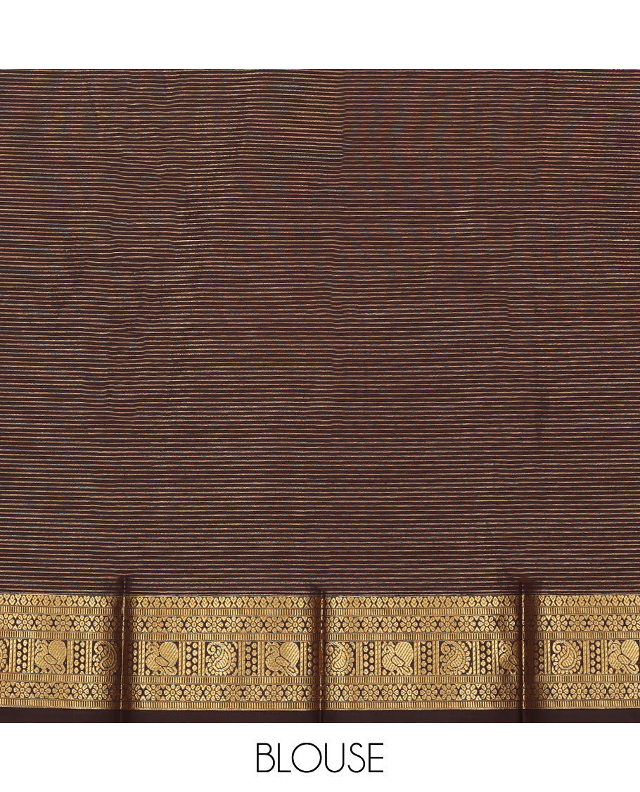Maroon Budget Silk Saree, Graced with Zari Buttas and Stripes, Complemented by Contrast Traditional Zari Border, a Jaal Pallu and a Contrast Blouse
