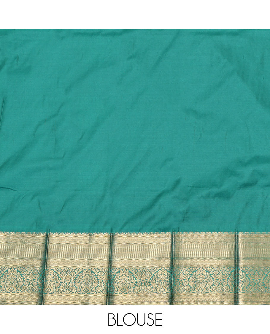 Red Budget Silk Saree, Enthralled with Zari Buttas, Contrast Traditional Zari Border, Grand Pallu, and a Contrast Blouse