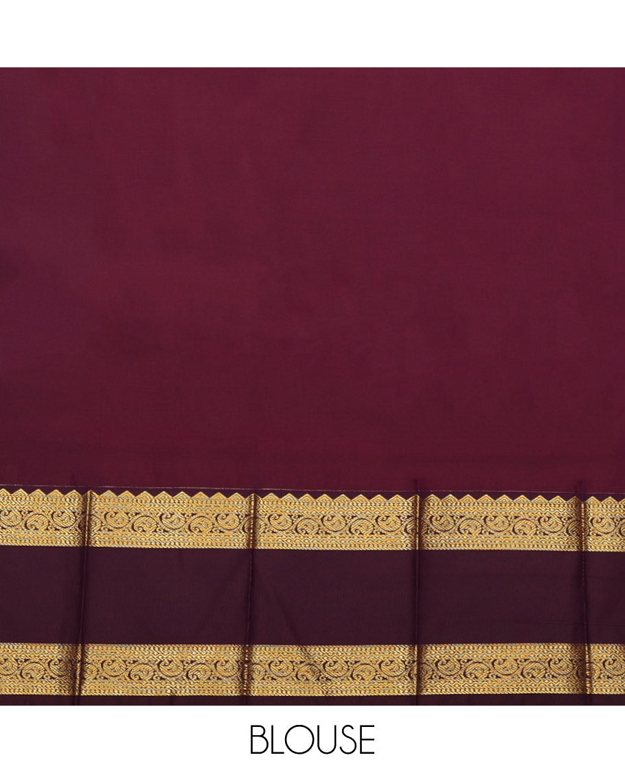Rust Budget Silk Saree, Bedecked with Zari Buttas and Stripes, Complemented by Contrast Traditional Rettai Pettu Border, Grand Pallu and a Contrast Blouse