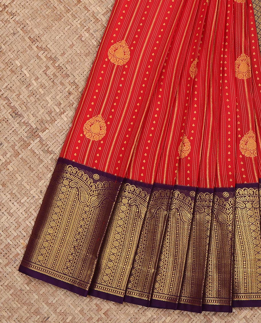 Red Budget Silk Saree, Woven with Zari Buttas on Its Body, Complemented by a Contrast Geometric Zari Design Border, Grand Jaal Pallu, and Paired with a Contrast Blouse