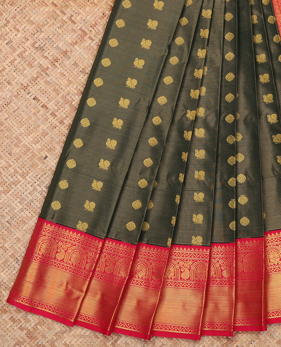 Green Budget Silk Saree, Decked Up with Mayil-Chakram Buttas and Stripes, a Contrast Traditional Zari Border, Grand Pallu, and a Contrast Blouse