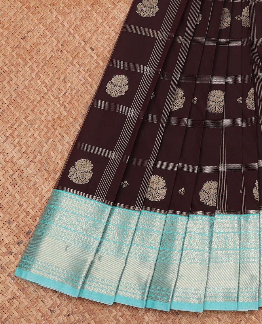 Brown Budget Silk Saree, Woven with Zari Butta Enclosed Checks, Complemented by a Contrast Traditional Zari Border, Grand Pallu, and Contrast Blouse