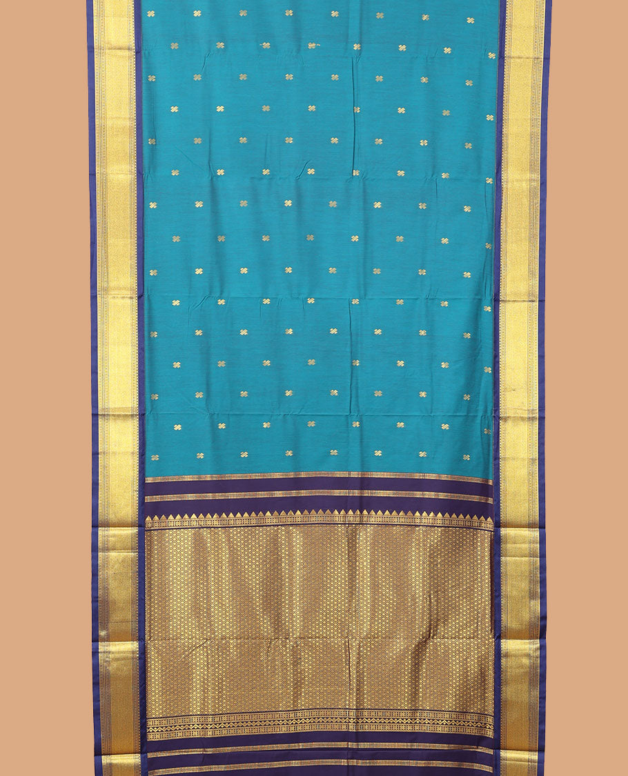 Blue buttas nine-yard cotton saree, contrast traditional design border, and jaal pallu