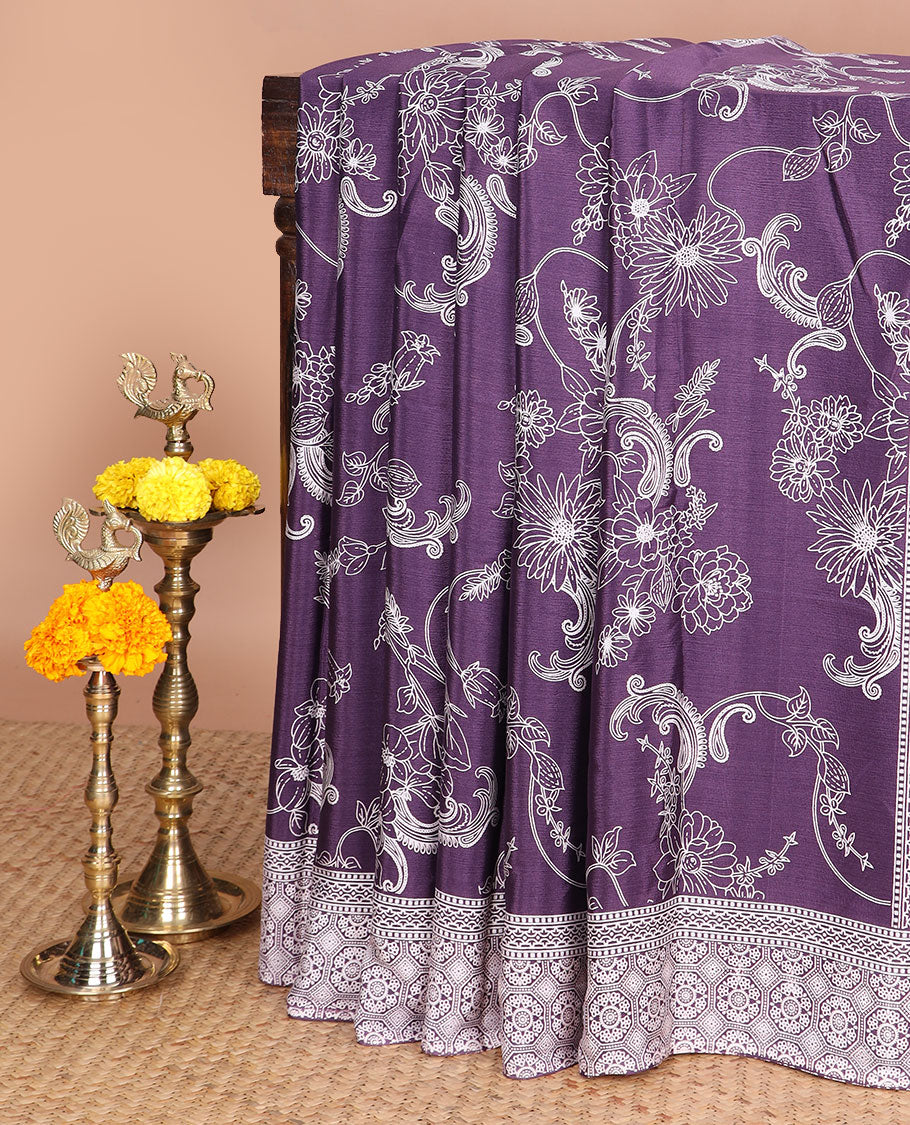 Purple printed turkey crepe sare with printed border & printed pallu along with printed blouse