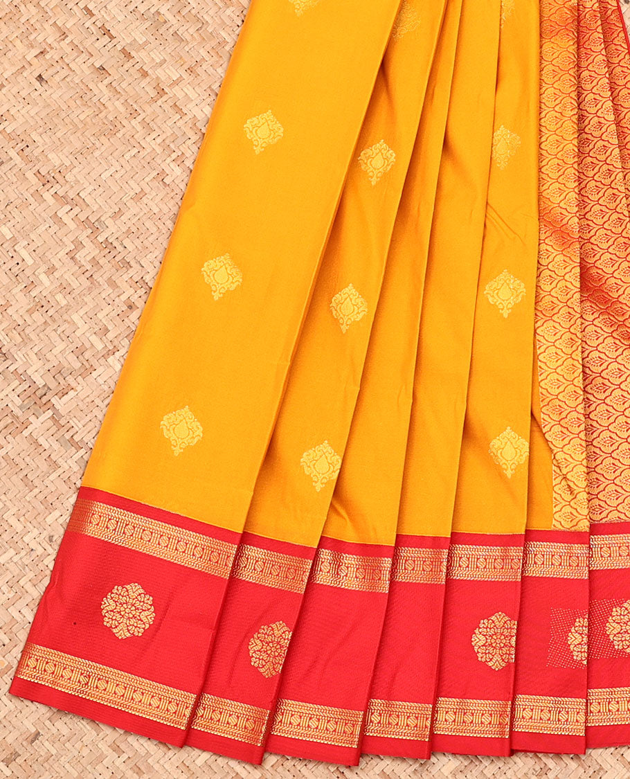 Yellow Budget Silk Saree, Sparsely Threaded with Zari Buttas, Complemented by a Contrast Traditional Zari Design Border, Ogee-Patterned Pallu, and Paired with a Contrast Blouse