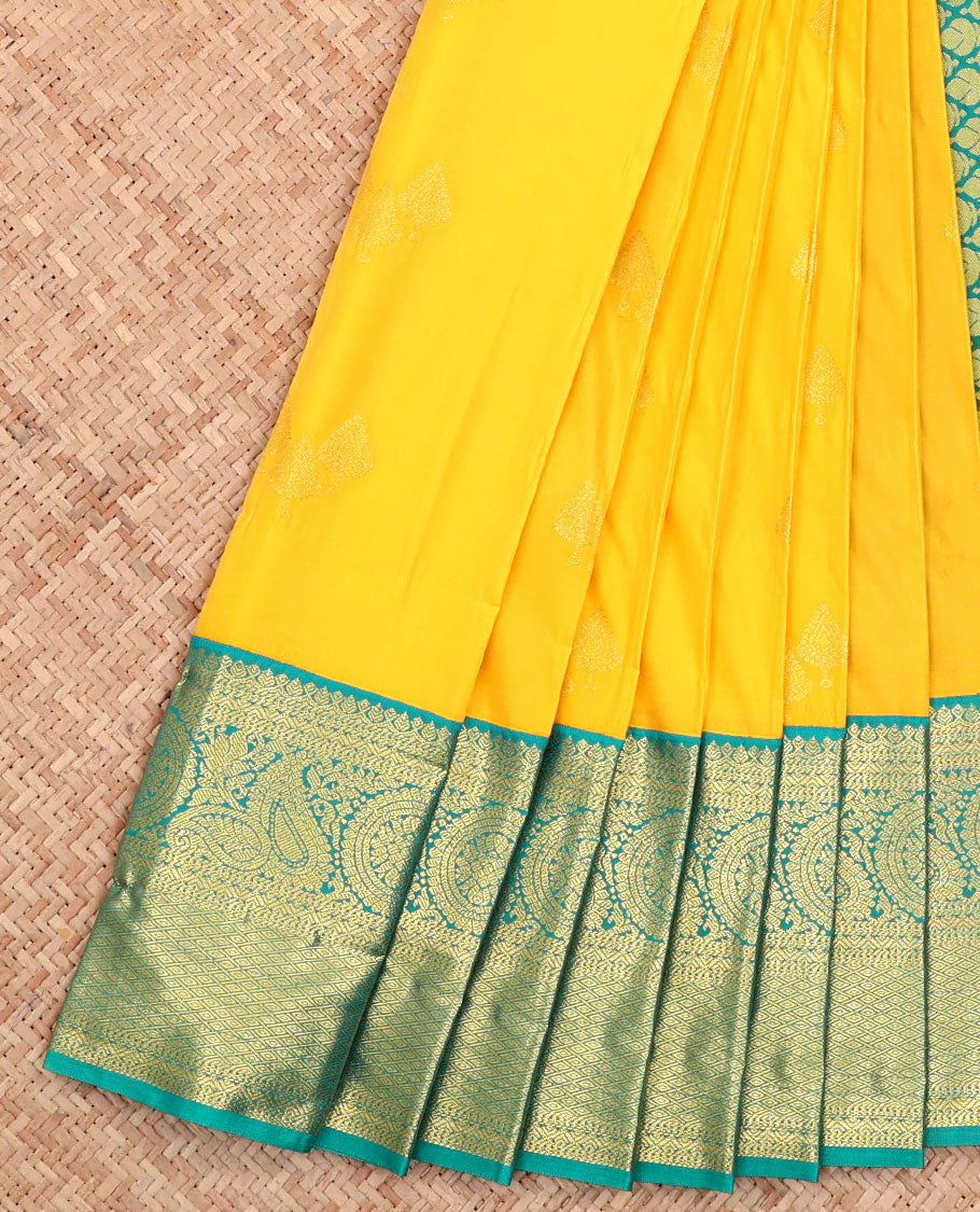 Yellow Budget Silk Saree, Sparsely Woven with Buttas All Over Its Body, Complemented by a Contrast Traditional Zari Design Border, Grand Pallu, and Paired with a Contrast Blouse