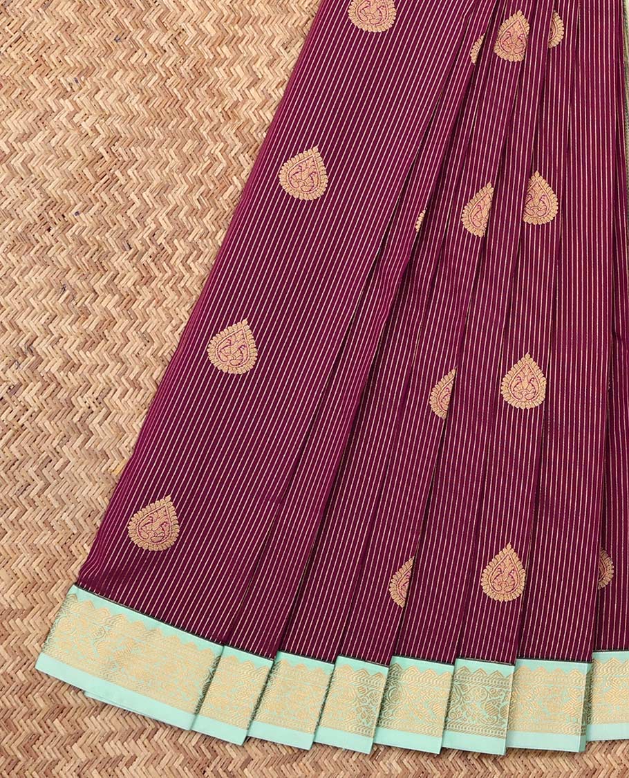Wine Budget Silk Saree, Crafted with Zari Buttas and Stripes, Complemented by a Contrast Traditional Zari Border, Grand Pallu, and a Contrast Blouse