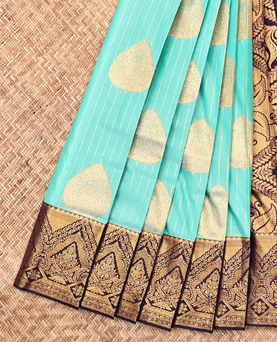 Blue Budget Silk Saree, Decked Up with Zari Buttas and Stripes, Complemented by Contrast Traditional Zari Border, a Grand Pallu and a Contrast Blouse