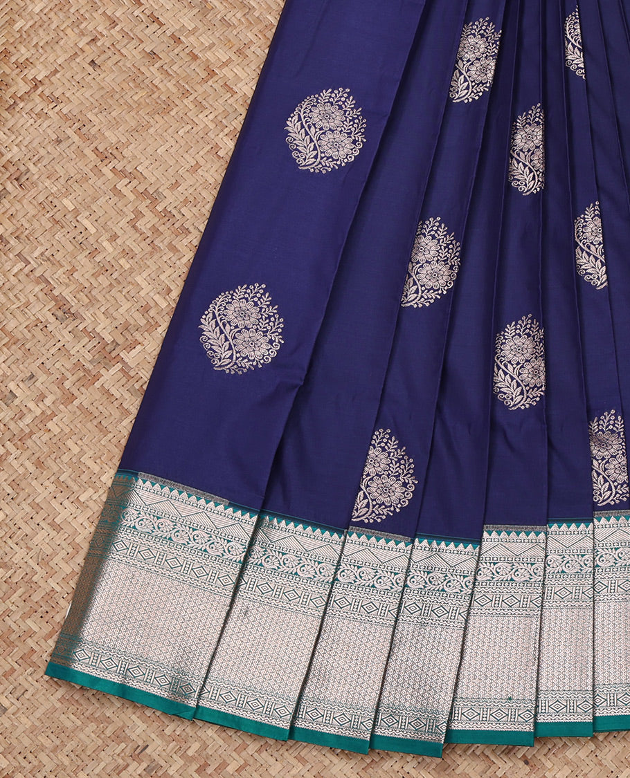 Navy Blue Budget Silk Saree, Crafted with Zari Buttas All Over Its Body, Complemented by a Contrast Traditional Zari Design Border, Intricate Pallu, and Paired with a Contrast Blouse