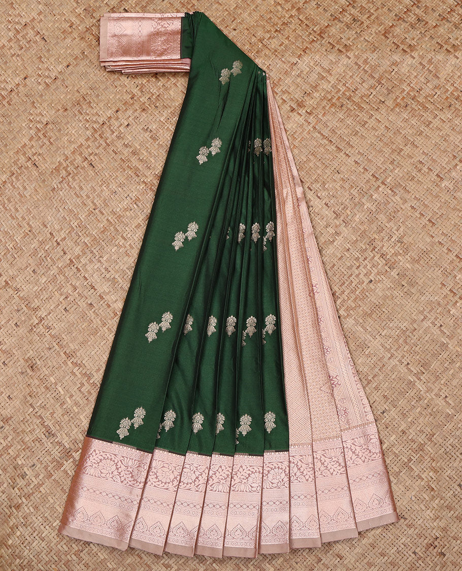 Green Budget Silk Saree, Spotlighted with Zari Buttas All Over Its Body, Complemented by a Contrast Traditional Zari Design Border, Jaal Pattern Woven Pallu, and Paired with a Contrast Blouse