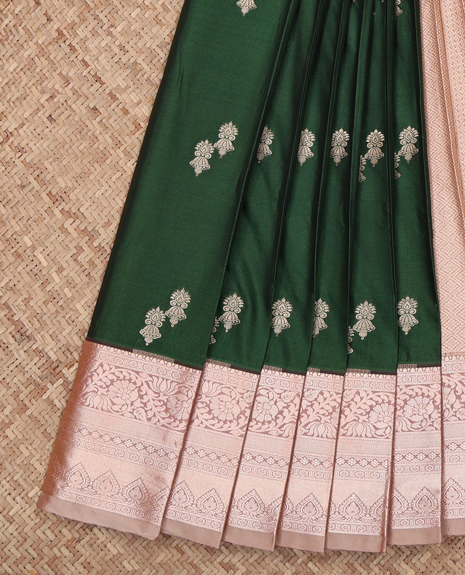 Green Budget Silk Saree, Spotlighted with Zari Buttas All Over Its Body, Complemented by a Contrast Traditional Zari Design Border, Jaal Pattern Woven Pallu, and Paired with a Contrast Blouse