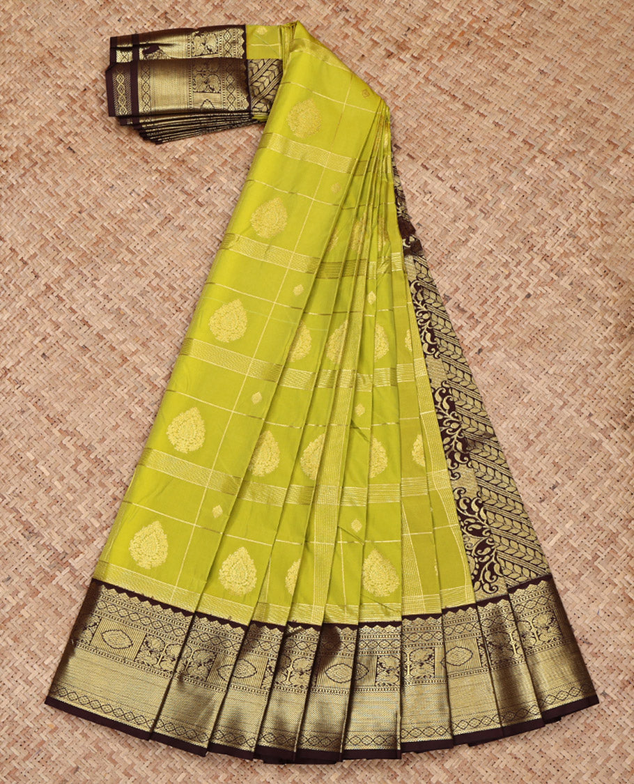 Green Budget Silk Saree, Enriched with Zari Butta Enclosed Checked Design on Its Body, Complemented by a Contrast Traditional Zari Design Border, Grand Pallu, and Paired with a Contrast Blouse