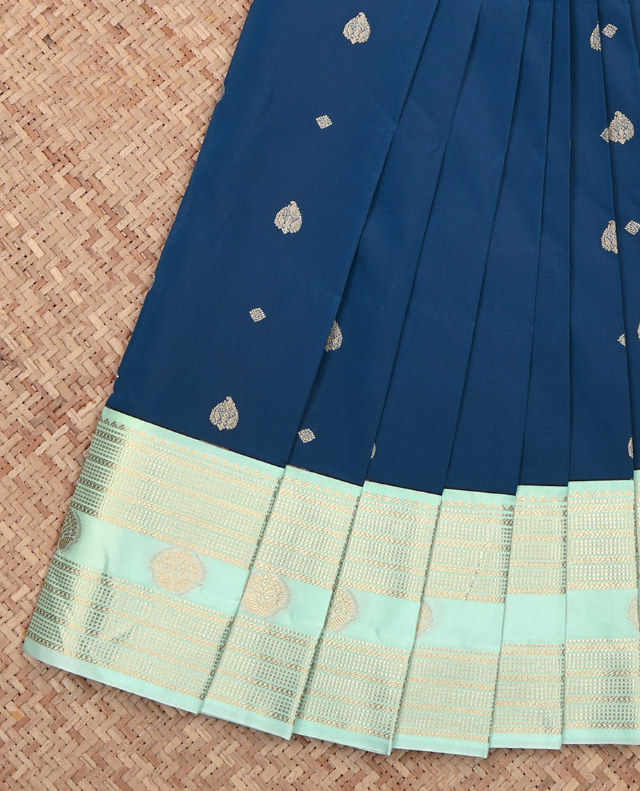 Blue Budget Silk Saree, Subtly Woven with Zari Buttas, Contrast Traditional Zari Design Featured Border, Pallu of Geometric Design, and a Contrast Blouse