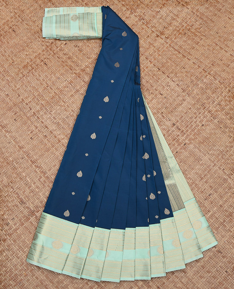 Blue Budget Silk Saree, Subtly Woven with Zari Buttas, Contrast Traditional Zari Design Featured Border, Pallu of Geometric Design, and a Contrast Blouse