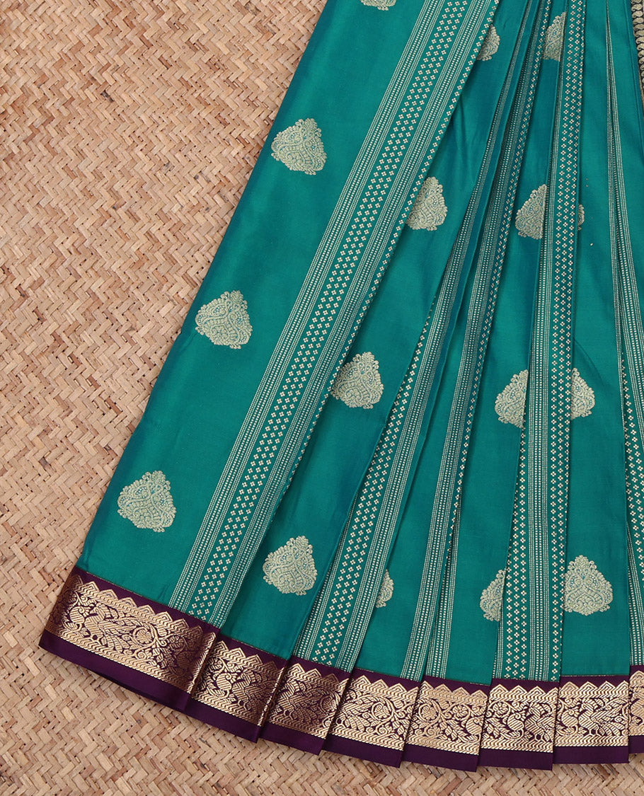Green Budget Silk Saree, Steeped with Zari Buttas, Complemented by Contrast Traditional Border, Geometric Pallu and a Contrast Blouse
