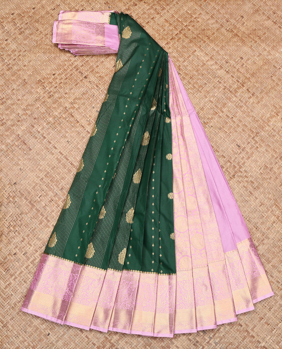 Green Budget Silk Saree, Decked Up with Zari Buttas, Contrast Traditional Zari Border, Grand Pallu, and a Contrast Blouse