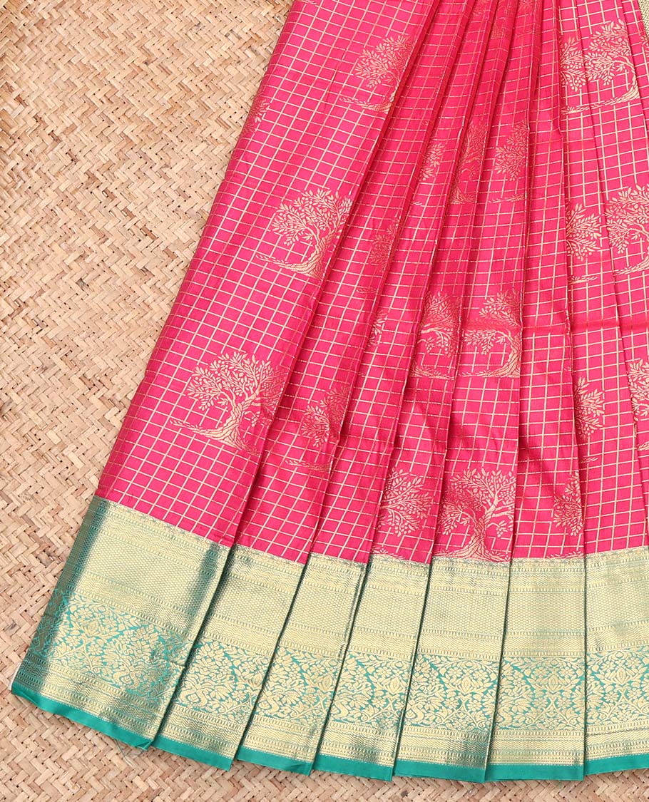 Pink Budget Silk Saree, Beautifully Bedecked with Zari Buttas and Checks, Complemented by Contrast Traditional Zari Border, Intricate Pallu, and Contrast Blouse