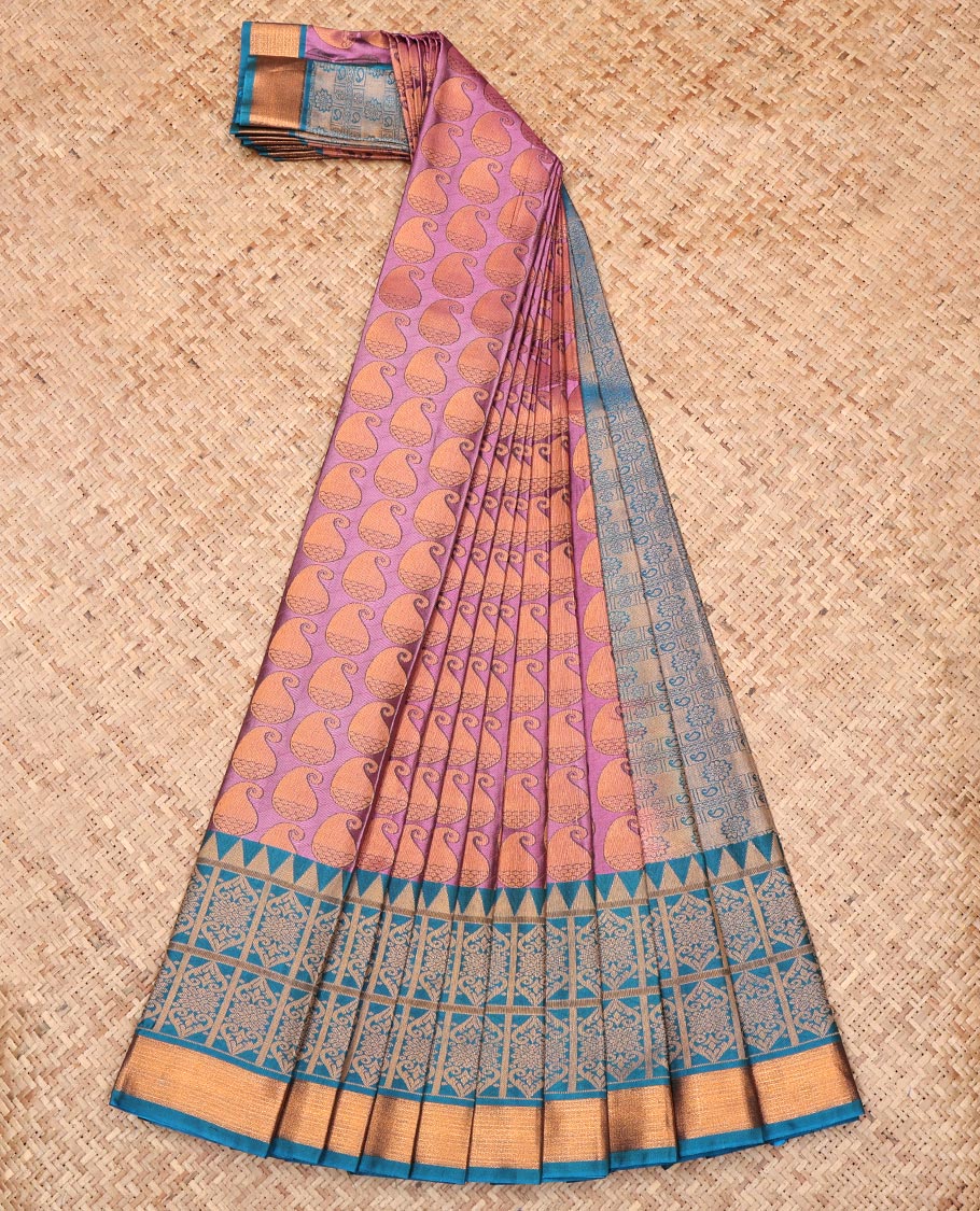 Pink Budget Silk Saree Featuring Paisley Design, Complemented by a Contrast Traditional Zari Border, Grand Pallu, and a Contrast Blouse