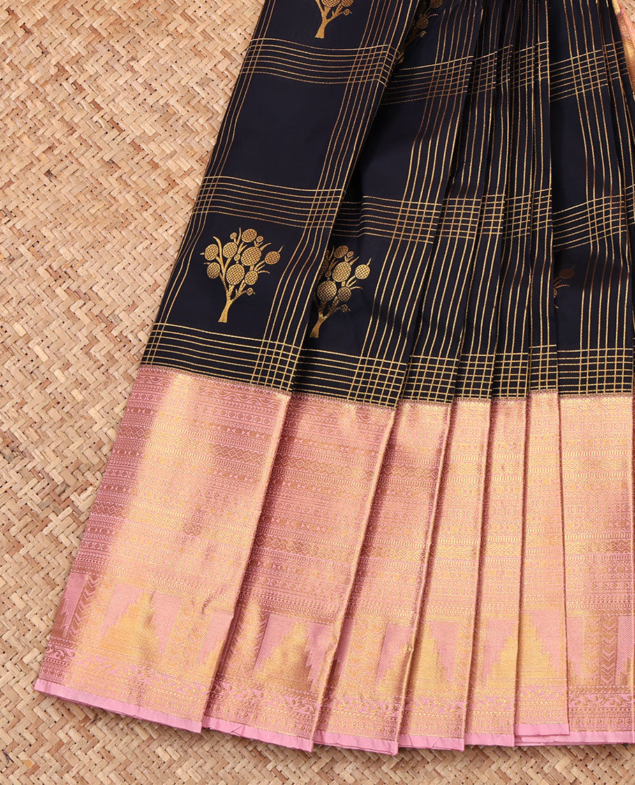 Black Budget Silk Saree, Bedecked with Zari Butta Enclosed Checks, Complemented by a Contrast Traditional Zari Border, Intricate Pallu, and Contrast Blouse