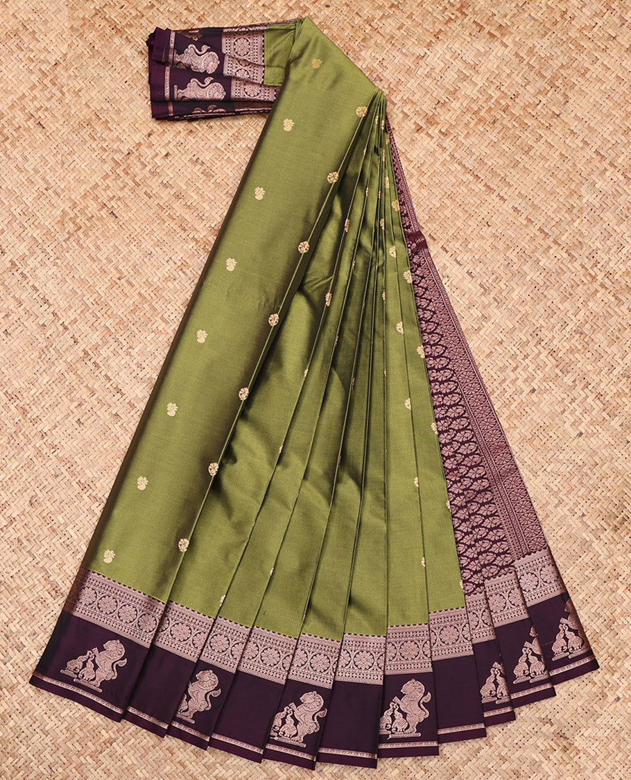 Green Budget Silk Saree, Elevated with Zari Buttas, Complemented by a Contrast Traditional Zari Border of Singam Designs, Grand Pallu, and a Contrast Blouse