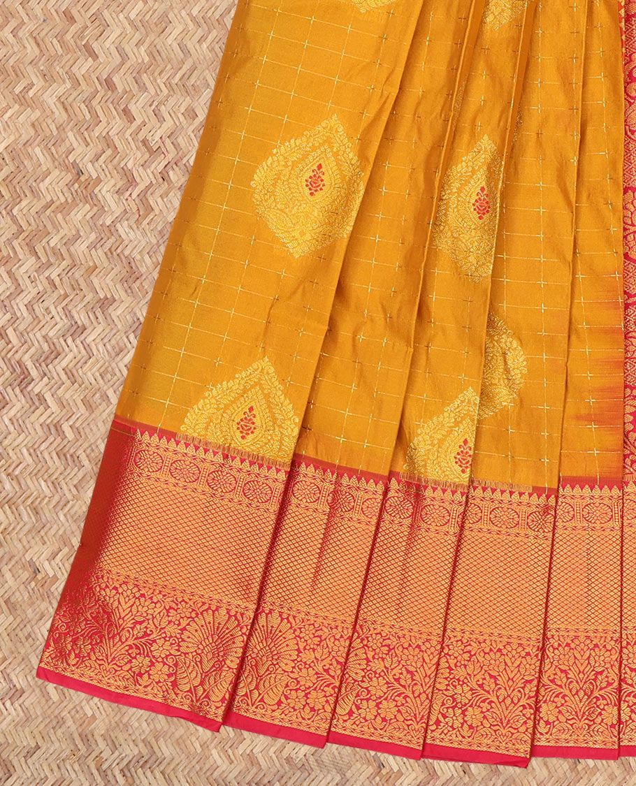 Yellow Budget Silk Saree, Woven with Zari Buttas and Checks, a Contrast Traditional Zari Border, Grand Pallu, and a Contrast Blouse
