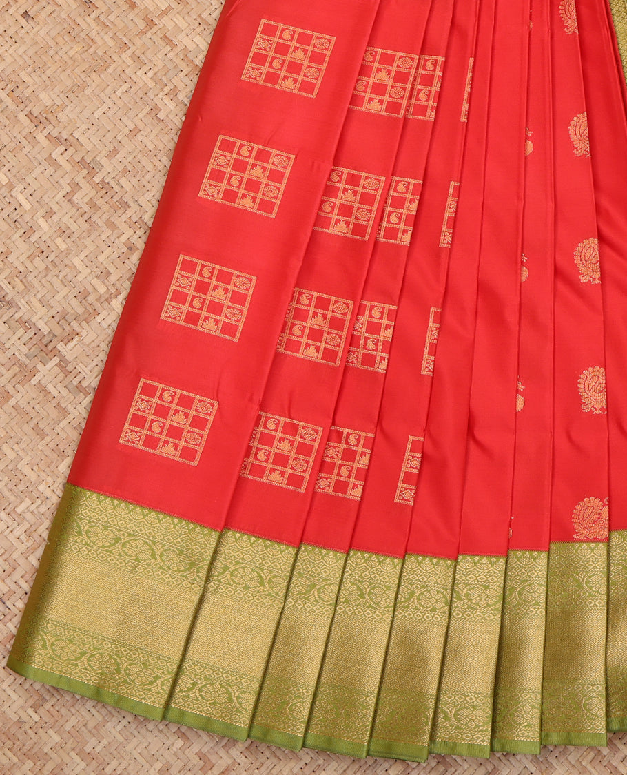 Red Budget Silk Saree, Enriched with Zari Buttas, a Contrast Traditional Zari Border, Intricate Pallu, and a Contrast Blouse