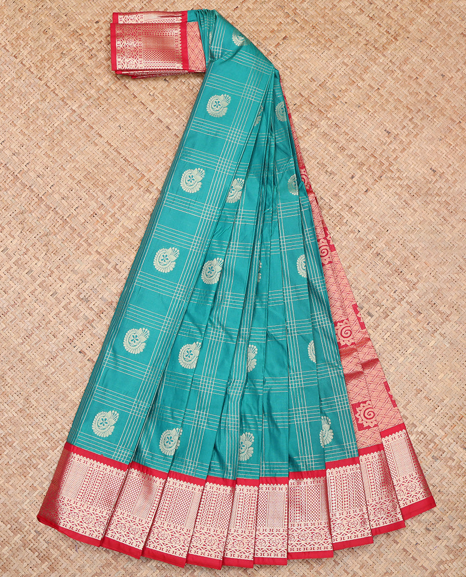 Blue Zari Butta and Checks Budget Silk Saree