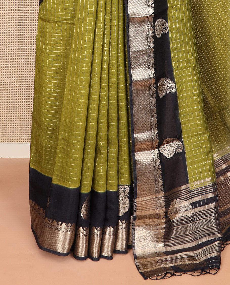 Green zari checked Assam silk saree, contrast traditional zari border of paisleys, and pallu of zari stripes