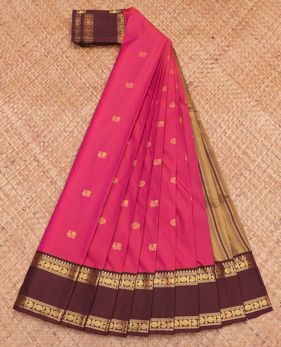 Pink Budget Silk Saree, Mesmerized with Peacock-Chakram Buttas, Complemented by a Contrast Traditional Zari Rettai Pettu Border, Grand Pallu, and Contrast Blouse