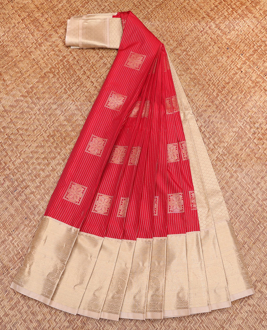 Red Budget Silk Saree, Accentuated with Zari Buttas and Stripes, Contrast Traditional Zari Border, Grand Jaal Pallu, and a Contrast Blouse