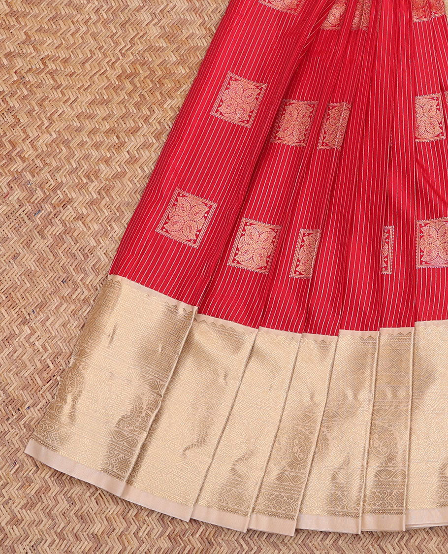 Red Budget Silk Saree, Accentuated with Zari Buttas and Stripes, Contrast Traditional Zari Border, Grand Jaal Pallu, and a Contrast Blouse