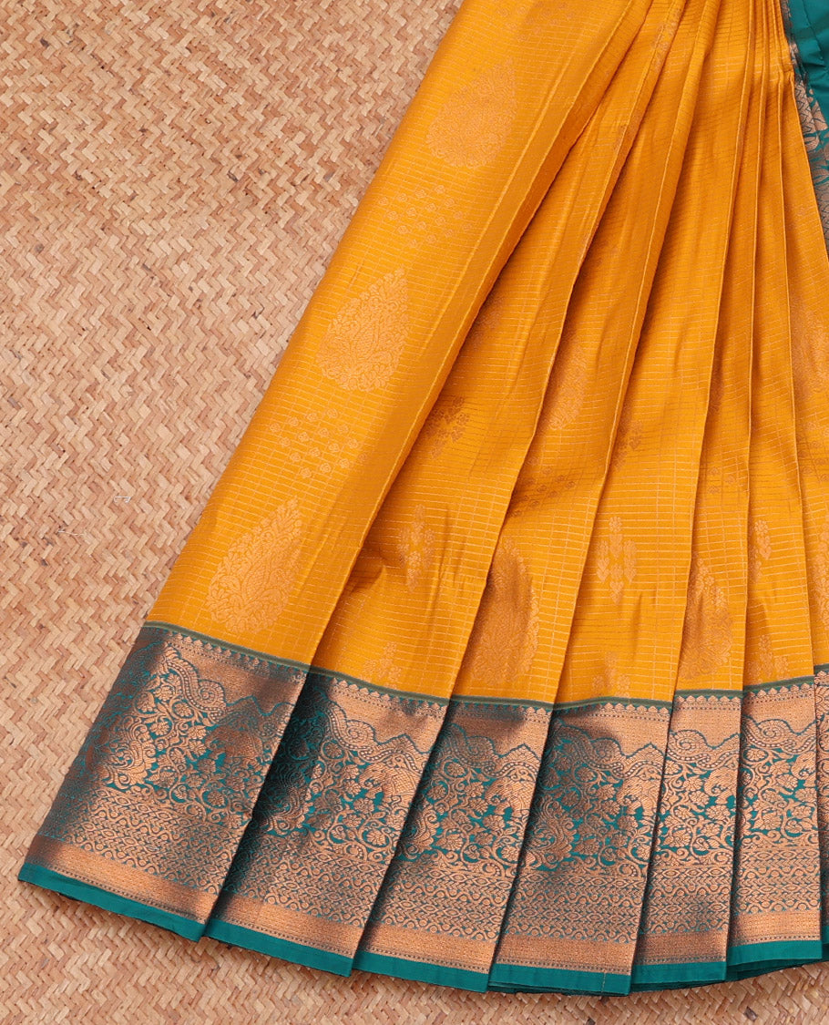Orange Budget Silk Saree, Subtly Sparkled with Zari Buttas and Checks, Complemented by a Contrast Traditional Zari Border, Grand Pallu, and a Contrast Blouse