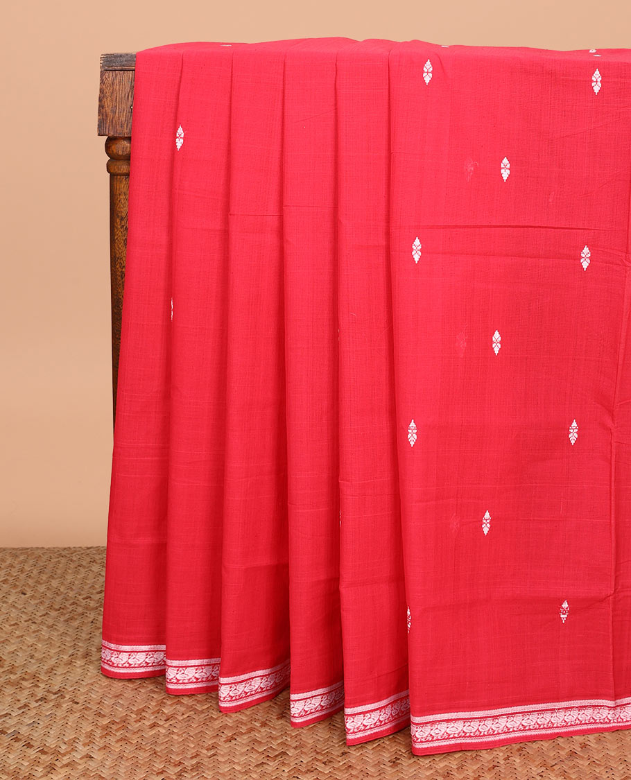Red buttas Andhra cotton saree, peacock thread border, and self-pallu of stripes and buttas