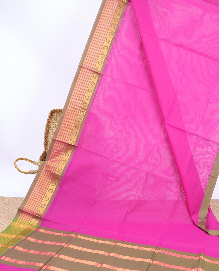 Pink plain Vengatagiri cotton saree, contrast traditional design border & striped pallu