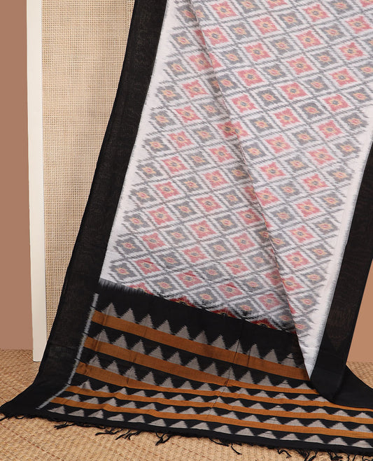 White jaal-patterned Pochampally cotton saree, contrast border & pallu of ikkat triangles