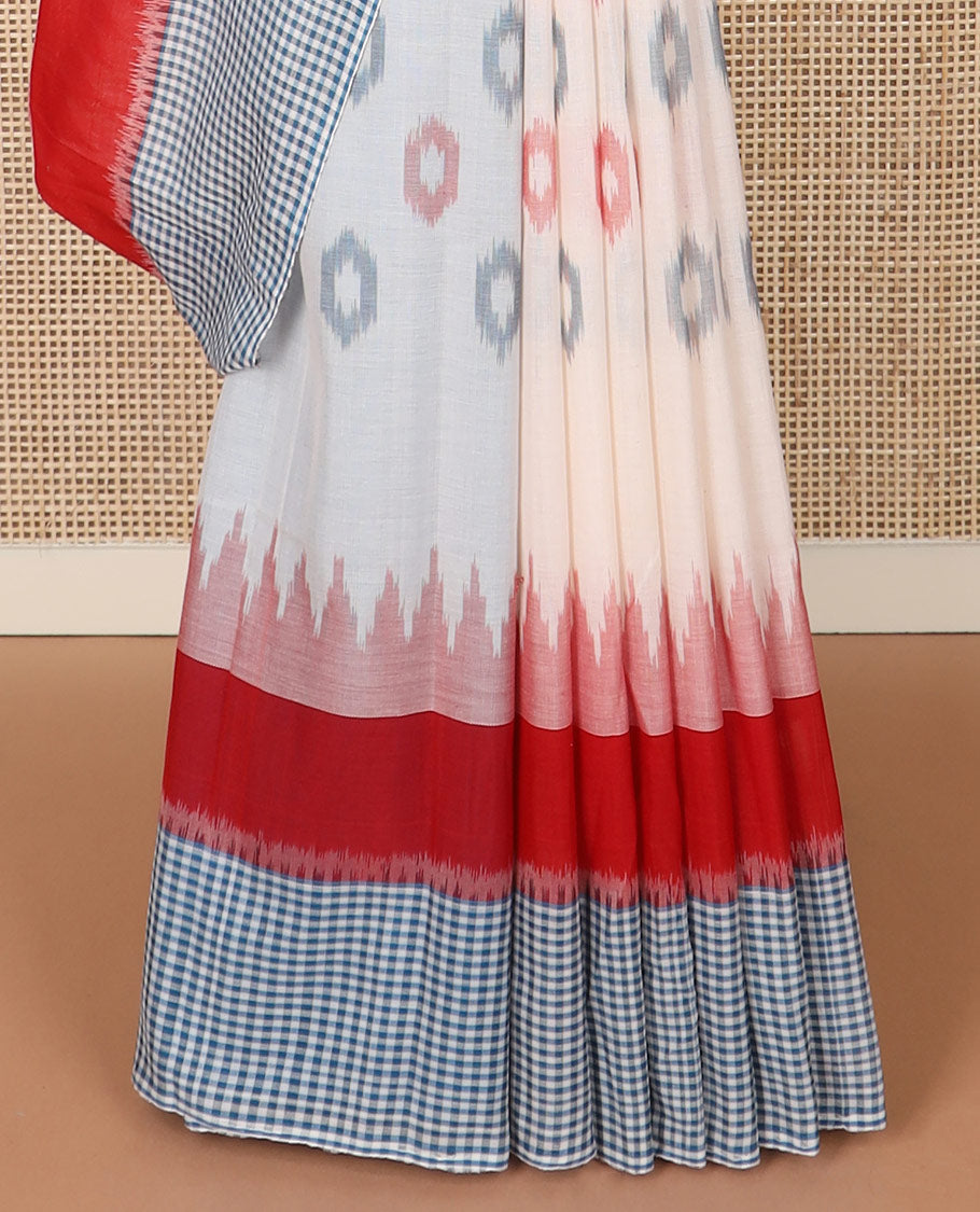 White buttas Pochampally ikkat saree, contrast ganga jamuna temple one-side checked border, and ikkat design pallu